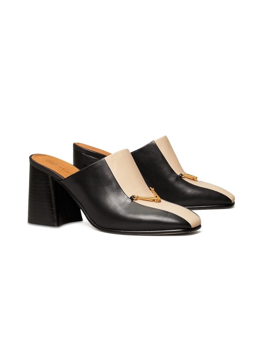 Tory Burch Equestrian Link Two-Tone Black and Cream Block Heel Mules size 8